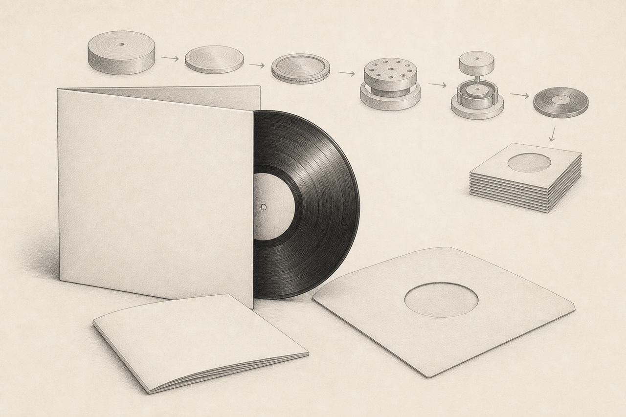 Conceptual graphite illustration of a label-free vinyl reissue package and an unlabeled pressing sequence
