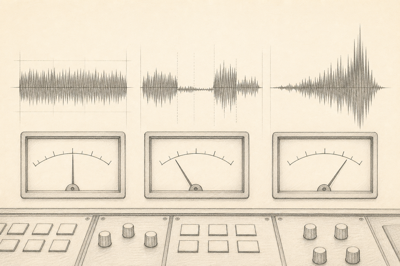 Conceptual graphite illustration of three distinct audio waveforms and blank studio meters comparing average loudness, loudness range, and dynamic range.