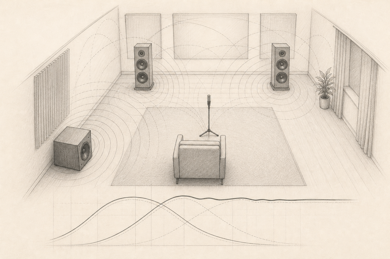 Conceptual graphite listening room with two main speakers, an offset subwoofer, a measurement microphone and unlabeled response curves.