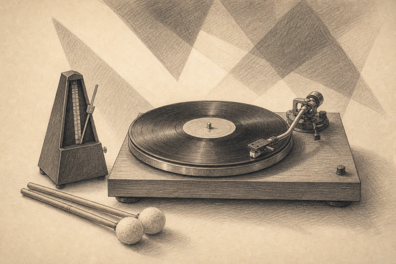 Conceptual graphite illustration of an unbranded turntable, metronome and orchestral mallets
