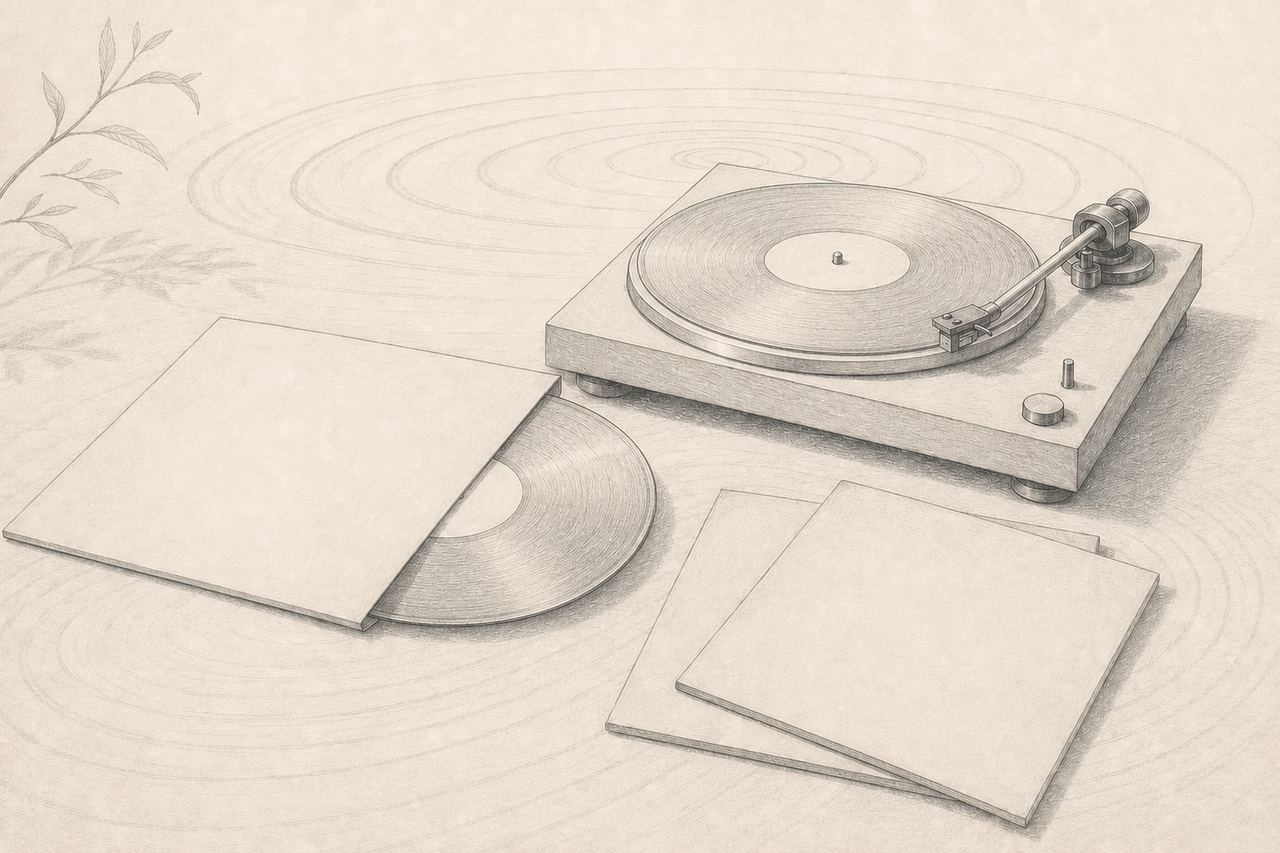 Conceptual graphite illustration of a label-free record, blank archival sleeves, turntable and ambient ripple contours